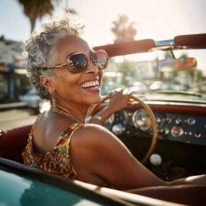 Middle-aged lady driving a cabriolet