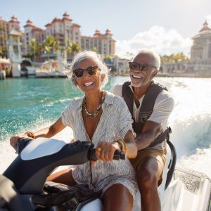 An elderly couple riding a personal watercraft