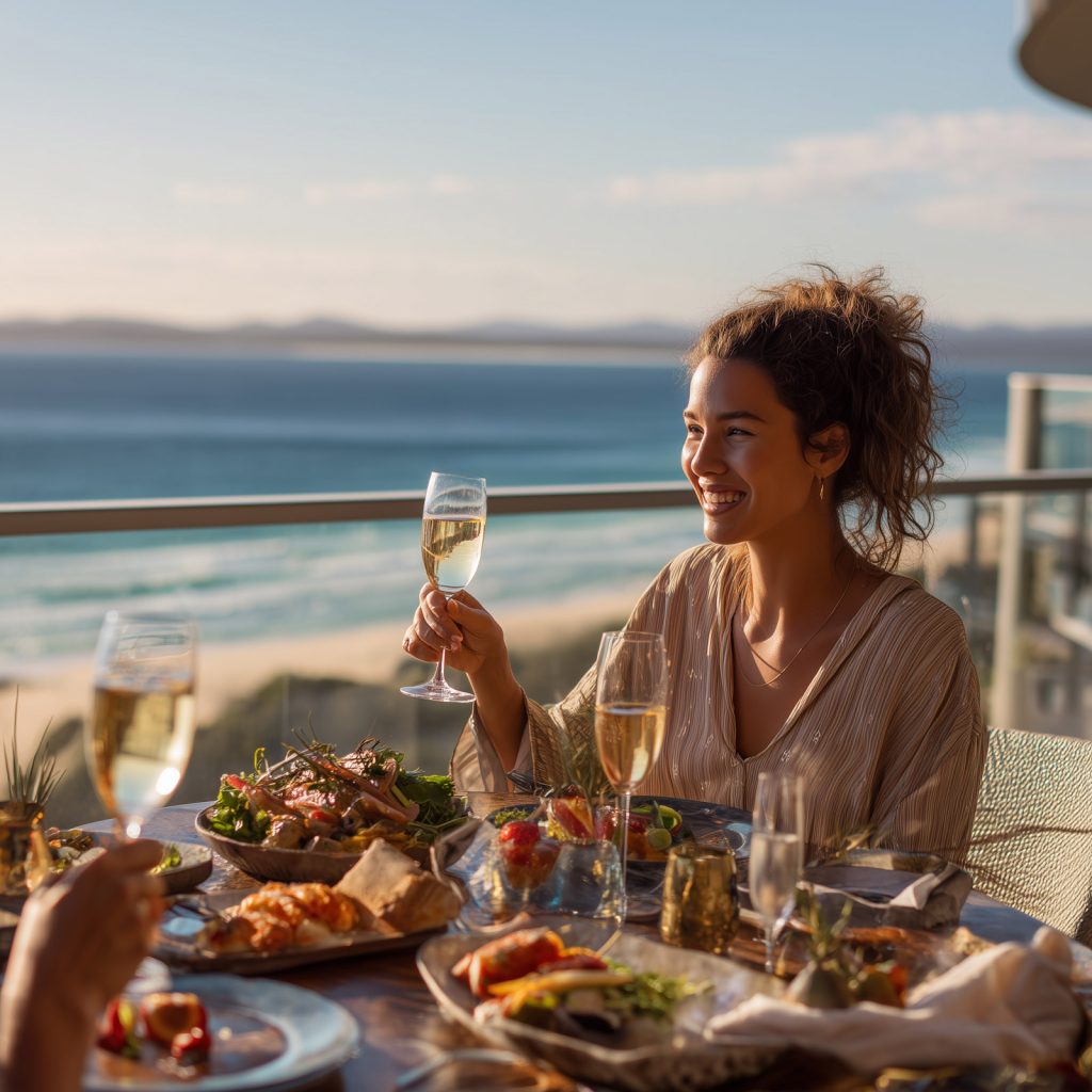 A woman enjoys a lavish al fresco dinner by the sea