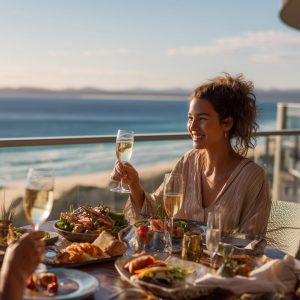A woman enjoys a lavish al fresco dinner by the sea