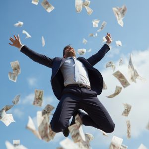 A man jumps up excitedly while money bills rain down around him