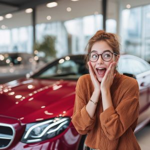 A young woman is at a luxury car dealership, looking excited in anticipation