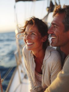 A couple on the deck of a ship, enjoying the sun and the sea breeze