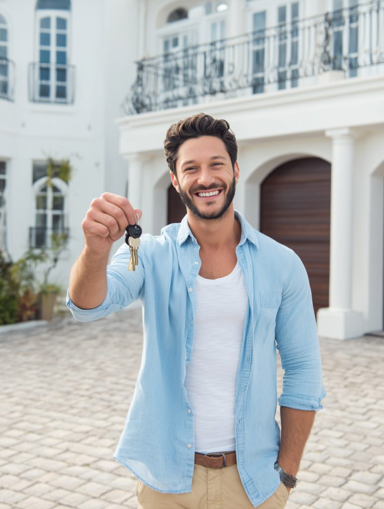 A man showing keys to a luxury mansion